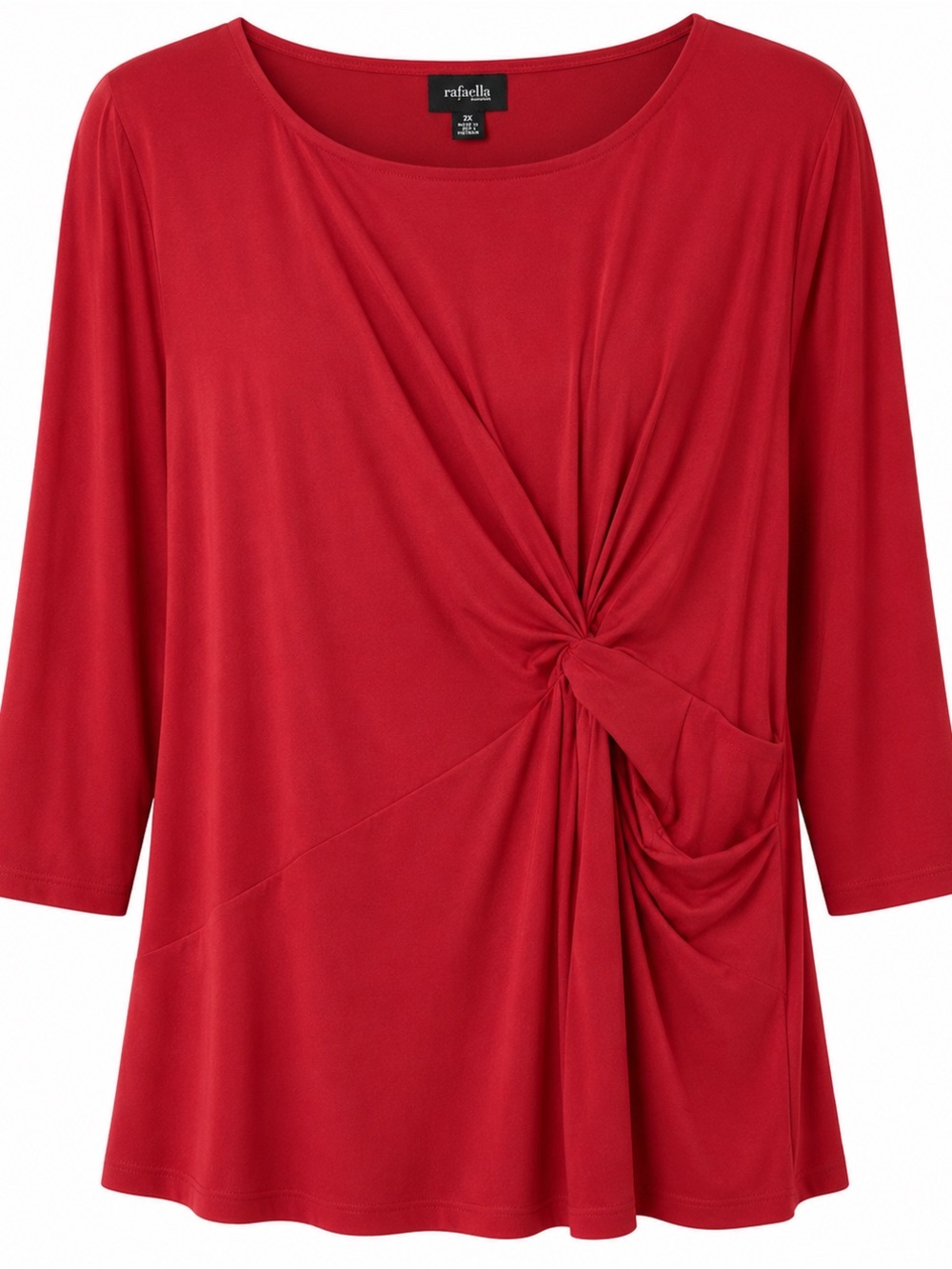 Rafaella 3X Top Shirt Red Solid Round Neck 3/4 Sleeve Knot Faux Wrap Stretch P11
